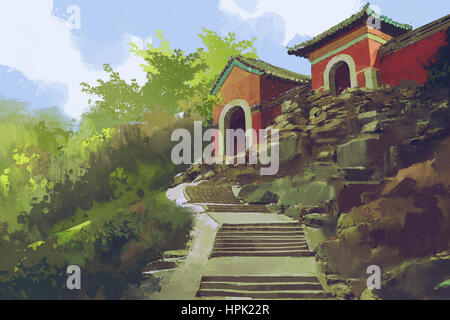 beautiful scenery of stone stairway to the ancient buildings on the hill,illustration painting Stock Photo