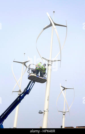 Maintenance work being carried out on vertical axis wind turbine,Lancashire,UK Stock Photo
