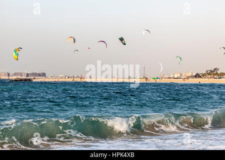 DUBAI, UAE - NOV 27, 2016: Kite surfer at the Jumeirah beach in Dubai. United Arab Emirates, Middle East Stock Photo