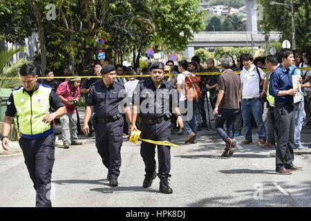 Kuala Lumpur, Malaysia. 23rd Feb, 2017. Malaysian police prepare police line in front of the North Korea Embassy on on February 23, 2017 in Kuala Lumpur, Malaysia. According to police there will be protest with local NGO name in KBS about against to North Korean government. Credit: Chris Jung/ZUMA Wire/Alamy Live News Stock Photo