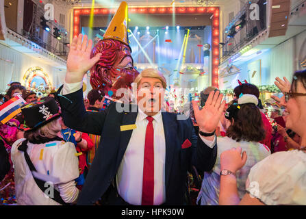 Frank Brunswig dressed as US President Donald Trump greets the audience during the general rehearsal for the Carnival television special 'Mainz bleibt Mainz, wie es singt und lacht' in Mainz, Germany, 22 February 2017. The community meeting of the Mainz Carnival Association will be broadcast this year by SWR from the Electoral Palace. Photo: Andreas Arnold/dpa Stock Photo