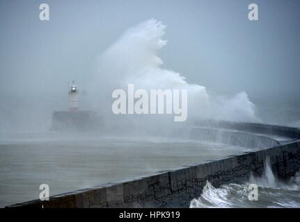 Southease, East Sussex, UK. 23rd Feb, 2017. UK Weather. Storm Doris causing massive waves to strike Newhaven Breakwater in East Sussex. Credit: Peter Cripps/Alamy Live News Stock Photo
