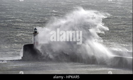 Newhaven Sussex, UK. 23rd Feb, 2017. Huge waves crash over Newhaven Lighthouse at the entrance of the harbour as Storm Doris hits the south coast today . Some parts of Britain are forecast to get winds of up to 70mph Credit: Simon Dack/Alamy Live News Stock Photo