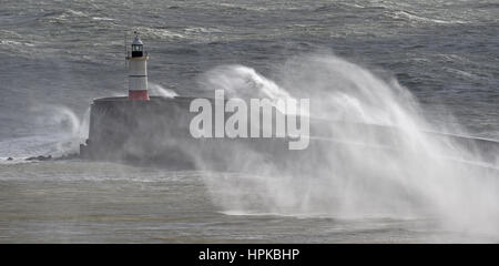 Newhaven Sussex UK 23rd February 2017 - Huge waves crash over Newhaven Lighthouse at the entrance of the harbour as Storm Doris hits the south coast today . Some parts of Britain are forecast to get winds of up to 70mph Photograph taken by Simon Dack Stock Photo