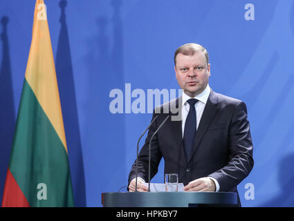 Berlin, Germany. 23rd Feb, 2017. Visiting Lithuanian Prime Minister Saulius Skvernelis attends a joint press conference with German Chancellor Angela Merkel (not in picture) in Berlin, capital of Germany, on Feb. 23, 2017. Credit: Shan Yuqi/Xinhua/Alamy Live News Stock Photo