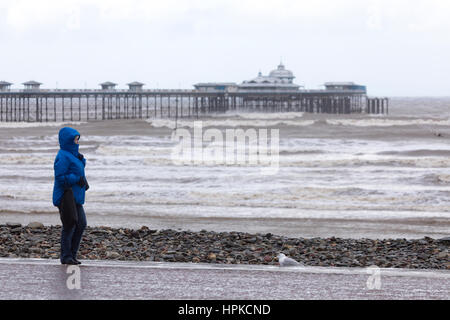 Storm Doris hits parts of North Wales including Llandudno as visitors watch the storm from the promenade Stock Photo