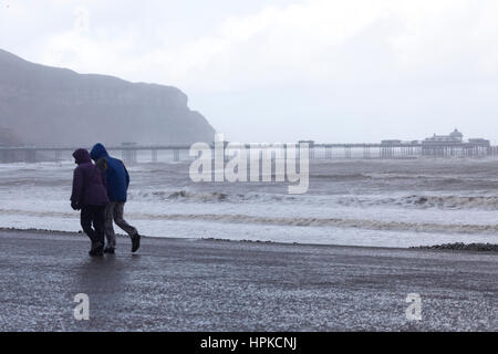 Storm Doris hits parts of North Wales including Llandudno as visitors watch the storm from the promenade Stock Photo
