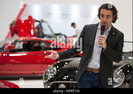 London, UK.  23 February 2017. Three time Indy 500 winner, Dario Franchitti, speaks at the GBP120million Ferrari collection at the London Classic Car Show at Excel, Docklands.   Now in its third year, the four day event is aimed at the discerning classic car owner, collector, expert or enthusiast and is an international celebration of the very best dealers, manufacturers, car clubs and products.   Credit: Stephen Chung / Alamy Live News Stock Photo