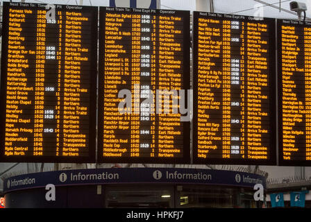 Manchester, UK. 23rd Feb, 2017. Storm Doris ‘Weather bomb' causes severe delays on all trains from Manchester Piccadilly rail station. Commuters warned of cancelled and delayed services as 'all lines are blocked' following 'overhead wire problems'. Departure boards shows severely delayed services. Credit: Bailey-Cooper Photography/Alamy Live News Stock Photo