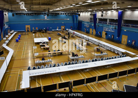 London, UK. 23rd Feb, 2017. Fenton Manor Sports Complex prepares to receive ballot boxes for the Stoke Central by-election. The result of the count is expected between 3am and 4am. The by-election follows the resignation of Labour MP Tristram Hunt. Credit: Jacob Sacks-Jones/Alamy Live News. Stock Photo