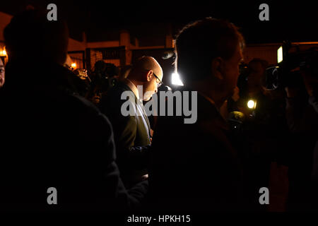 London, UK. 24th Feb, 2017. UKIP's Paul Nuttall leaves the Stoke Central by-election count, following Labour candidate Gareth Snell's victory. The by-election followed the resignation of Labour MP Tristram Hunt. Credit: Jacob Sacks-Jones/Alamy Live News. Stock Photo