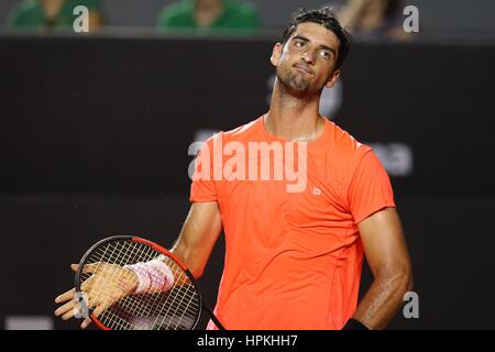 Rio de Janeiro, Brazil. 23rd February, 2017. Thomaz Bellucci of Brazil reacts during the singles 2nd round match against Thiago Monteiro of Brazil at the 2017 ATP Rio Open tennis tournament held at the Brazilian Jockey Club in Rio de Janeiro, Brazil, on Feb. 23, 2017. Thomaz Bellucci lost 1-2. (Xinhua/Li Ming) Credit: Xinhua/Alamy Live News Stock Photo