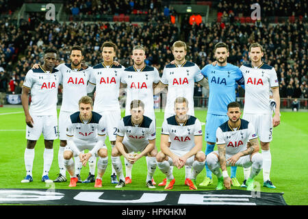 London, UK. 23rd Feb, 2017. Tottenham Hotspur team group line-up Football/Soccer : (Top L-R) Victor Wanyama, Mousa Dembele, Dele Alli, Toby Alderweireld, Eric Dier, Hugo Lloris, Jan Vertonghen, (Bottom L-R) Christian Eriksen, Ben Davies, Harry Kane and Kyle Walker of Tottenham Hotspur during the UEFA Europa League Round of 32 match between Tottenham Hotspur and KAA Gent at Wembley Stadium in London, England . Credit: AFLO/Alamy Live News Stock Photo