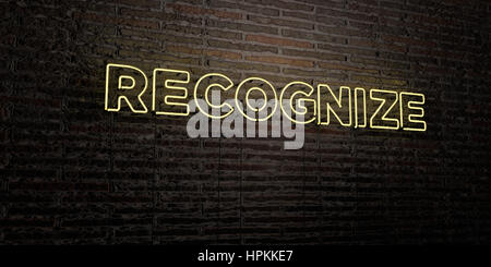 RECOGNIZE -Realistic Neon Sign on Brick Wall background - 3D rendered royalty free stock image. Can be used for online banner ads and direct mailers. Stock Photo