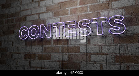 CONTESTS - Glowing Neon Sign on stonework wall - 3D rendered royalty free stock illustration.  Can be used for online banner ads and direct mailers. Stock Photo