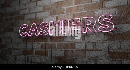 CASHIERS - Glowing Neon Sign on stonework wall - 3D rendered royalty free stock illustration.  Can be used for online banner ads and direct mailers. Stock Photo