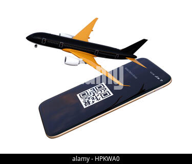 Passenger plane taking off from smart phone. Mobile airlines check in concept. 3D rendering image. Stock Photo