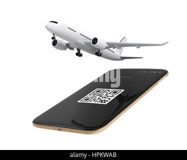 Passenger plane taking off from smart phone. Mobile airlines check in concept. 3D rendering image. Stock Photo