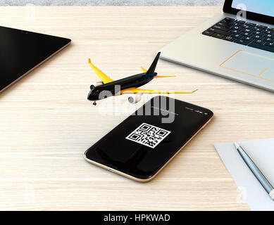 Passenger plane taking off from smart phone. Mobile airlines check in concept. 3D rendering image. Stock Photo