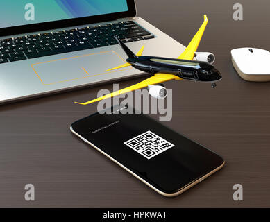 Passenger plane taking off from smart phone. Mobile airlines check in concept. 3D rendering image. Stock Photo