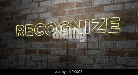 RECOGNIZE - Glowing Neon Sign on stonework wall - 3D rendered royalty free stock illustration.  Can be used for online banner ads and direct mailers. Stock Photo