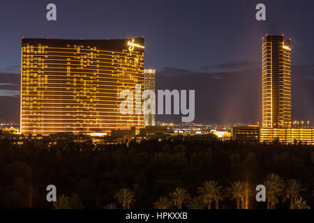 Editorial dusk view of the popular upscale Wynn casino resort on the Las Vegas strip.