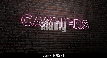 CASHIERS -Realistic Neon Sign on Brick Wall background - 3D rendered royalty free stock image. Can be used for online banner ads and direct mailers. Stock Photo