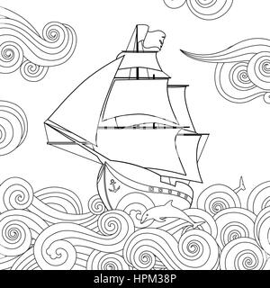 Contour image of sailing ship on the wave in zentangle ispired doodle style. Horizontal composition. Stock Vector