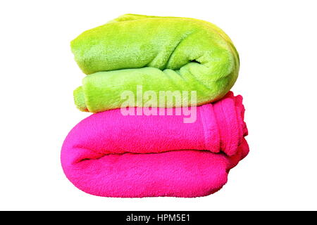 stack of colorful blankets, pink and green, isolated over white, objects for your design Stock Photo