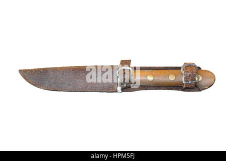 vintage knife in leather scabbard isolated over white background Stock Photo