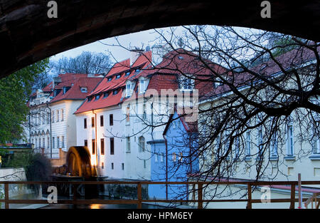 Certovka (Devil´s canal). In background water wheel of Great Prior´s Mill. In Kampa Island. Malá Strana quarter.Prague. Czech Republic Stock Photo