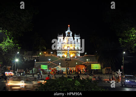 Historic Our Lady of the Immaculate Conception Church in Panjim decorated and illuminated during the Christmas Stock Photo