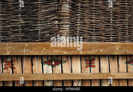 Details of an old wooden fence made of various kinds of wood. Stock Photo
