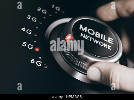 Man turning the mobile network selector button to the next 5G generation. Telecommunication standards concept. Composite between an image and a 3D bac Stock Photo