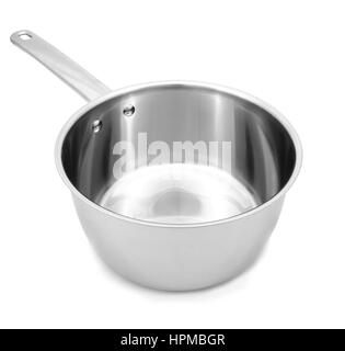 Shiny steel pan with handle  isolated on white background. Stock Photo