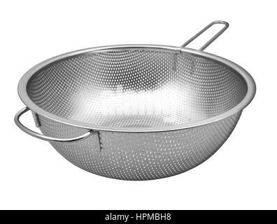 Steel colander  with handle  isolated on white background Stock Photo