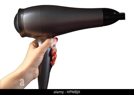 Hairdryer in  woman hand. white background. Hand with painted  nails. Stock Photo