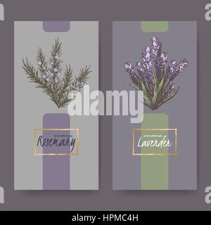 Two elegant labels with lavender and rosemary color bouquets. Stock Vector