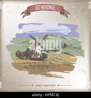 Windmill, barn, field landscape hand drawn color vector sketch. Stock Vector