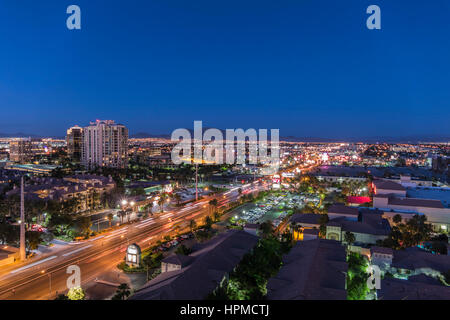 Las Vegas, Nevada, USA - May 9, 2016:  Dusk view down Flamingo Road east of the Las Vegas strip. Stock Photo