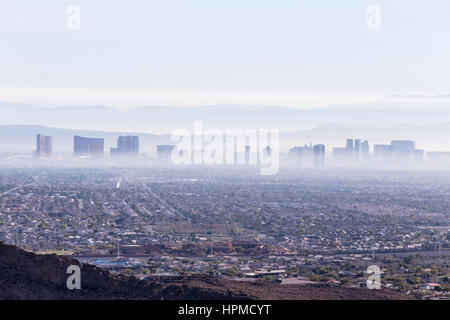 Las Vegas, Nevada, USA - February 4, 2015:  Las Vegas valley haze and smog. Stock Photo