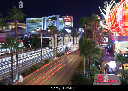 Las Vegas, Nevada, USA - October 21, 2011:  Night traffic at the Flamingo, Ceasars Palace and other resorts on the Las Vegas strip. Stock Photo