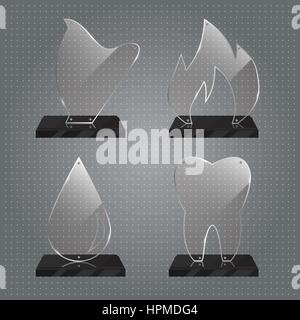 Set of realistic transparent glass trophy awards standing on black base and isolated on gradient background. Different shapes provided. Harp, tooth, f Stock Vector