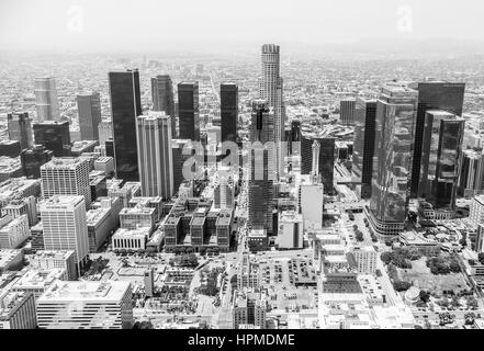 Los Angeles, USA - May 27, 2015: Aerial view of the skyline of Downtown Los Angeles in black and white. Stock Photo