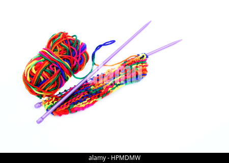 Bright multi-coloured colorful knitting wool or yarn with knitting needles on white background Stock Photo