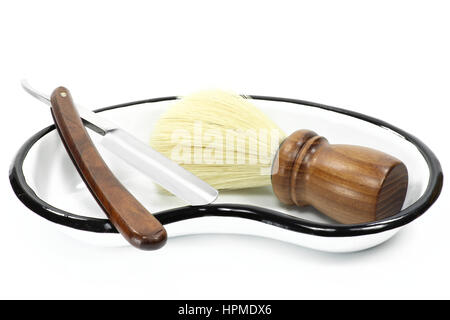 straight razor with accessories isolated on white background Stock Photo