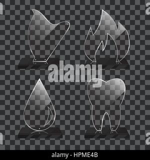 Set of realistic transparent glass trophy awards standing on black base and isolated on gradient background. Different shapes provided. Harp, tooth, f Stock Vector