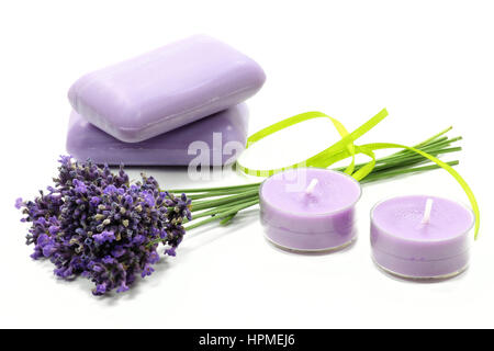 assortment of different lavender products isolated on white background Stock Photo