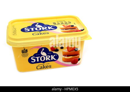 Camberley, UK - Feb 22nd 2017: Side view of a tub of Stork Cakes margarine, an iconic brand in the UK since 1920. White background Stock Photo