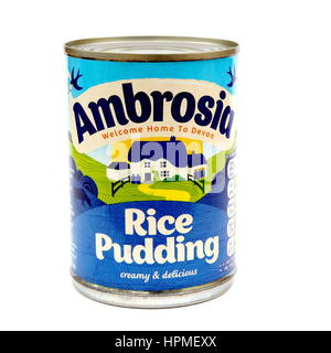Camberley, UK - Feb 22nd 2017: Tin of Ambrosia Rice Pudding on white background. Ambrosia is an iconic UK dessert brand. Stock Photo